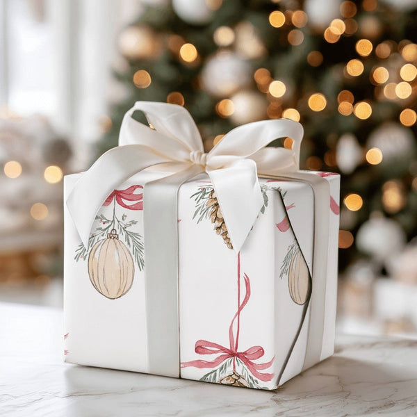 Watercolor Ornament Holiday Gift Wrap, Pinecone Christmas Wrapping Paper, Rustic Winter Wrapping Paper, Festive Xmas Gift Wra