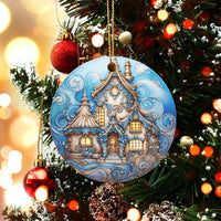 Blue and White Cottage Ornament, Whimsical Winter House Ornament, Comfy Cabin Ceramic Ornament, Holiday Tree Decor, Christmas Keepsake Present