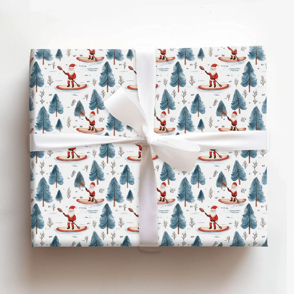 Winter Forest Holiday Gift Wrap, Paddleboarding Santa Wrapping Paper, Outdoor Santa Claus Paper, Christmas Present Wrapping P