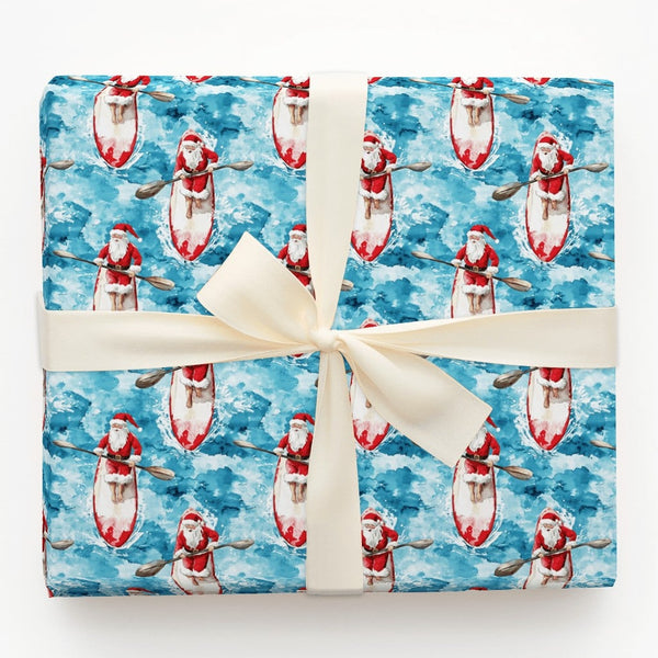 Coastal Watercolor Santa Claus Gift Wrap, Paddleboard Santa Wrapping Paper, Beach Holiday Paper, Nautical Christmas Wrapping 