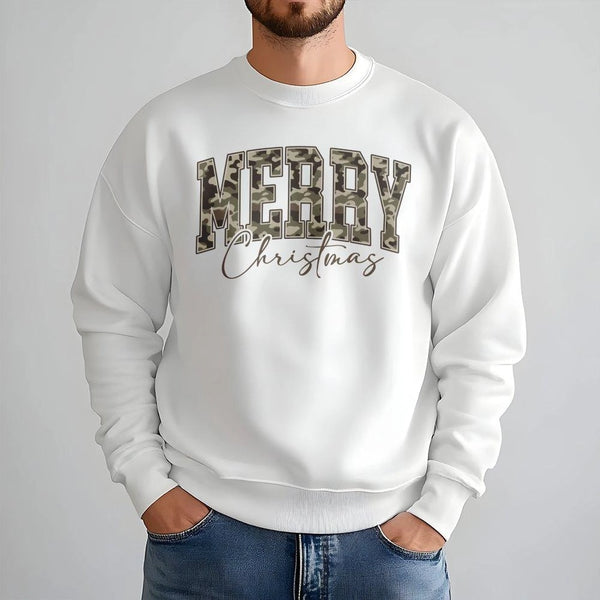 Varsity Lettering Camo Crewneck, Merry Christmas Camo Sweatshirt, Hunting Xmas Camo Sweatshirt, Festive Outdoor Holiday Sweat