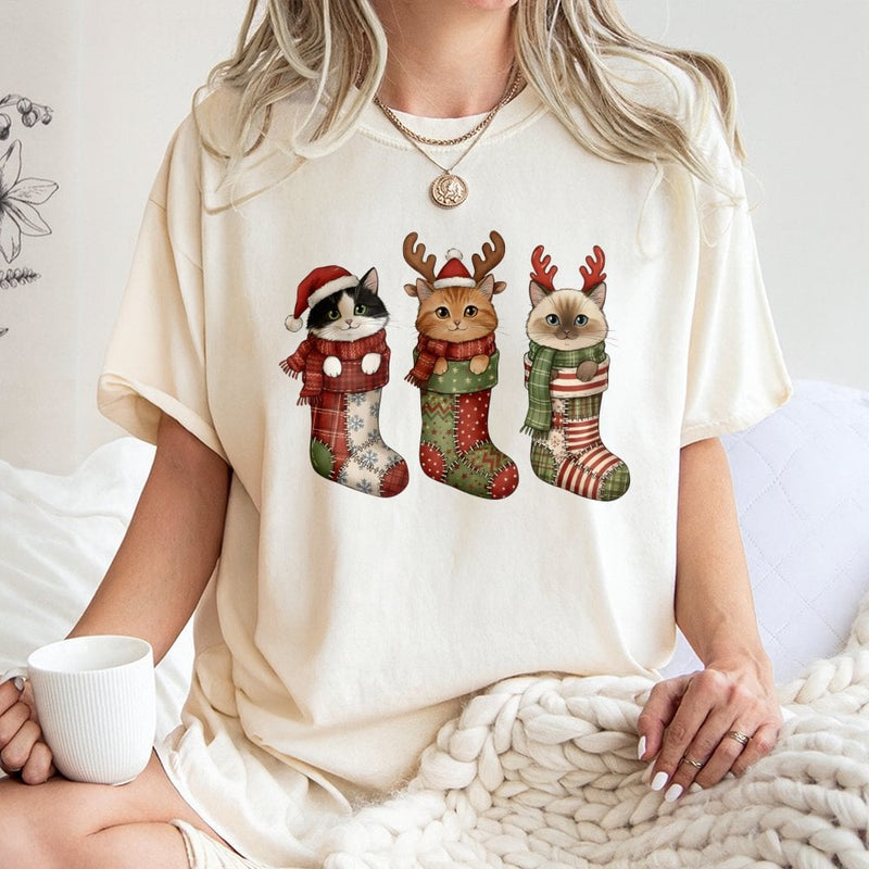 Adorable Kitten Holiday Stocking Shirt, Christmas Cat Stocking T-Shirt, Festive Cat Graphic Tee, Humorous Xmas Kitty Tee, Cat Lover Holiday Present