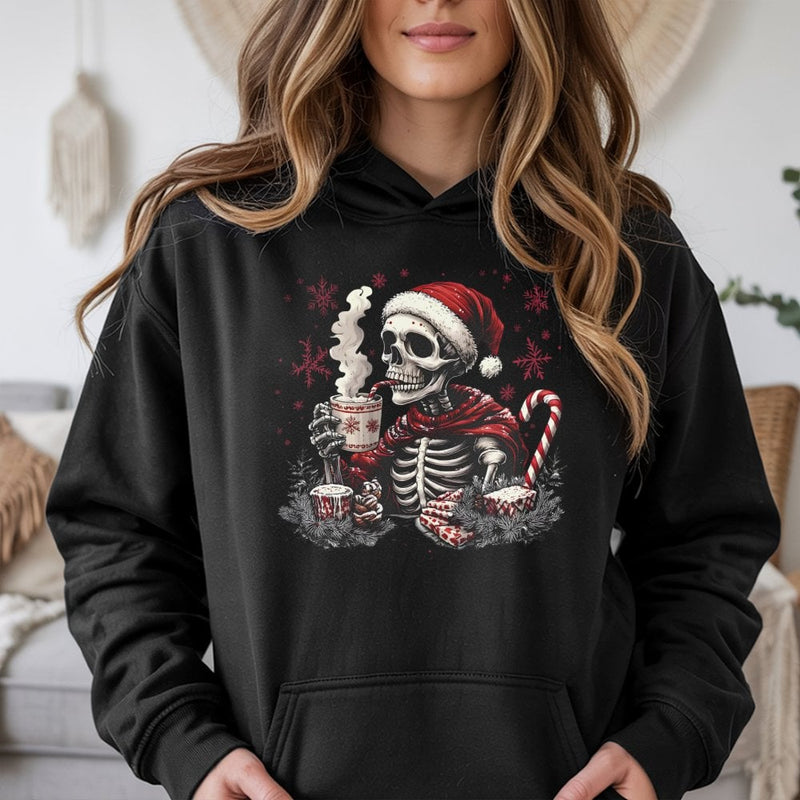 Humorous Christmas Skull Sweatshirt, Skeleton Santa Hoodie, Creepy Xmas Graphic Hooded Pullover, Retro Gothic Holiday Hoodie, Spooky Xmas Present