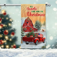 Red Truck Barn Holiday Flag, Farmhouse Christmas Garden Flag, All Hearts Come Home Winter Flag, Rustic Americana Yard Flag Decor