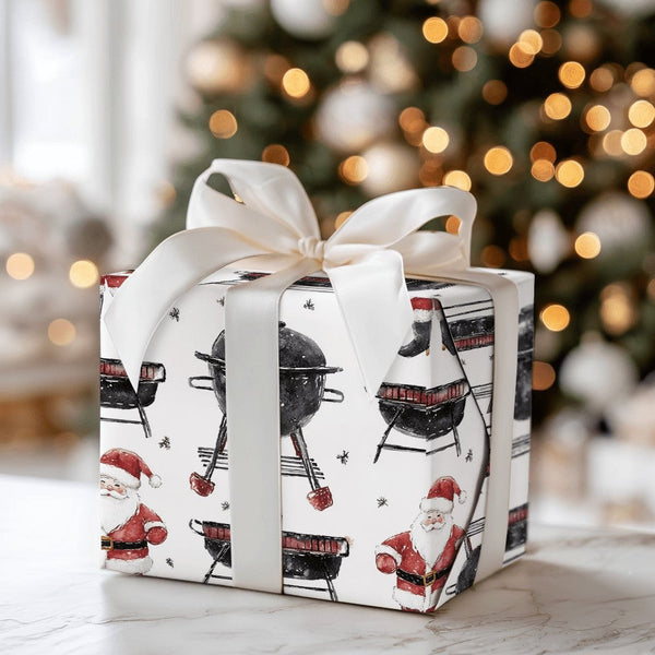 Grill Master Gift Wrap, BBQ Santa Wrapping Paper, Humorous Charcoal Grill Christmas Wrapping Paper, Cookout Holiday Gift Wrap
