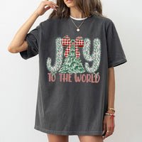 Plaid Christmas Tree Shirt, Joy to the World T-Shirt, Christian Holiday Graphic Tee, Festive Xmas Tree T-Shirt, Family Holiday Present Shirt