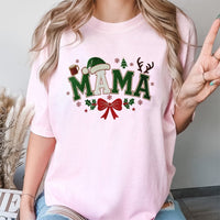 Santa Hat Bow Graphic Tee, Christmas Mama T-Shirt, Adorable Holiday Mom Shirt, Festive Xmas Mommy T-Shirt, Family Winter Apparel Present