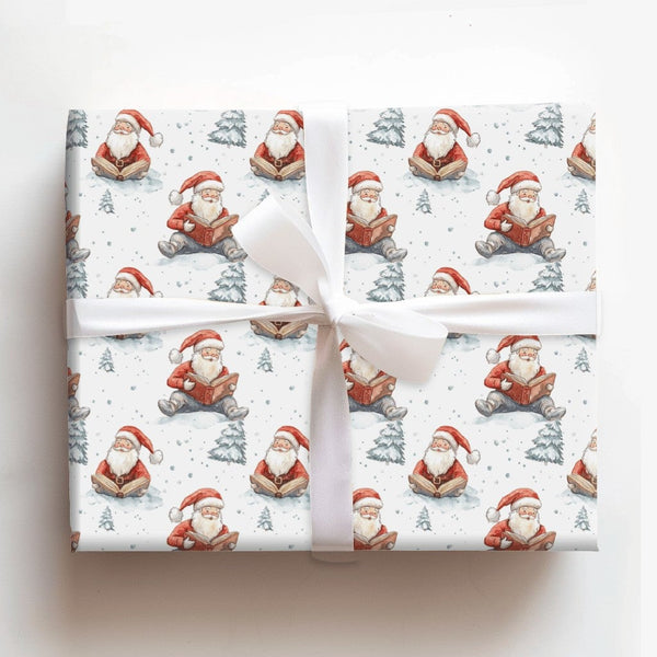 Comfy Winter Holiday Gift Wrap, Santa Reading Book Wrapping Paper, Watercolor Santa Claus Wrapping Paper, Christmas Book Love