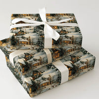 Winter Cottage Gift Wrap, Snowy Village Christmas Wrapping Paper, Comfy Evergreen Dusk Wrapping Paper, Holiday Present Wrapping Paper