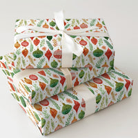 Botanical Greenery Gift Wrap, Watercolor Christmas Ornament Wrapping Paper, Festive Holiday Wrapping Paper, Xmas Baubles Gift Wrap Roll