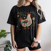 Folk Art Rooster Holiday Graphic Tee, Christmas Chicken T-Shirt, Farmhouse Winter Country T-Shirt, Festive Chicken Lover Xmas Present