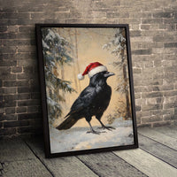 Winter Raven in Santa Hat Canvas Print, Christmas Crow Canvas Wall Art, Holiday Bird Painting Canvas, Festive Animal Decor, Bird Lover Present
