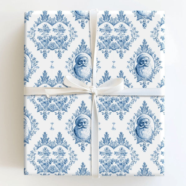 Blue and White Toile Damask Gift Wrap, Vintage Santa Wrapping Paper, Elegant French Country Wrapping Paper, Holiday Christmas
