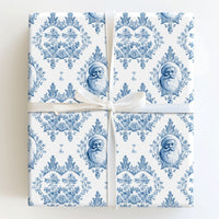 Blue and White Toile Damask Gift Wrap, Vintage Santa Wrapping Paper, Elegant French Country Wrapping Paper, Holiday Christmas Present Wrap