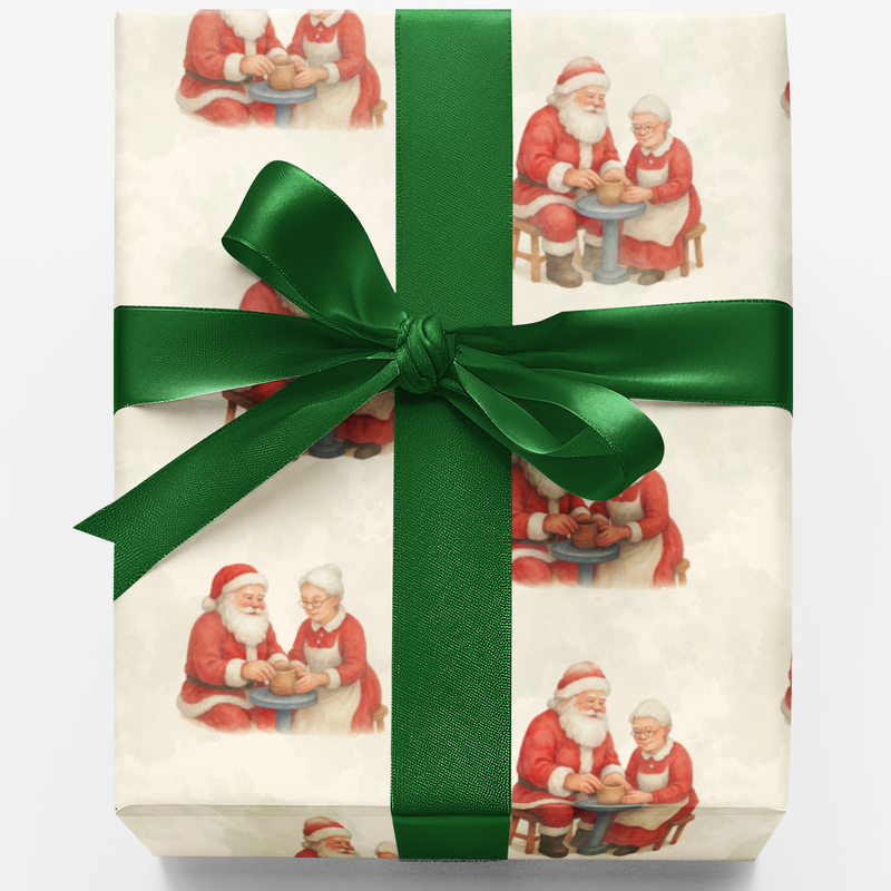 Holiday Art Gift Wrap, Santa and Mrs Claus Pottery Wrapping Paper, Festive Christmas Present Wrapping Paper, Xmas Gift Wrapping Paper