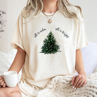 Minimalist Christian Holiday Tee, All Is Calm All Is Bright Christmas Tree T-Shirt, Silent Night Bible Verse Shirt, Winter Xmas Top