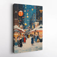 Winter Village Christmas Canvas Print, Snowy Christmas Market Canvas Art, Holiday Night Market Canvas Decor, Comfy Seasonal Home Wall Decor