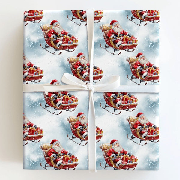 Christmas Sleigh Gift Wrap, Watercolor Santa Sleigh Wrapping Paper, Vintage Santa Claus Wrapping Paper, Festive Winter Holida