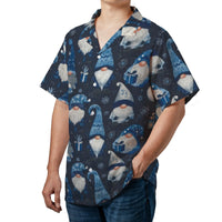 Blue Snowflake Holiday Button Up Shirt, Christmas Gnome Hawaiian Shirt, Festive Winter Gnome Aloha Shirt, Tropical Christmas Party Shirt