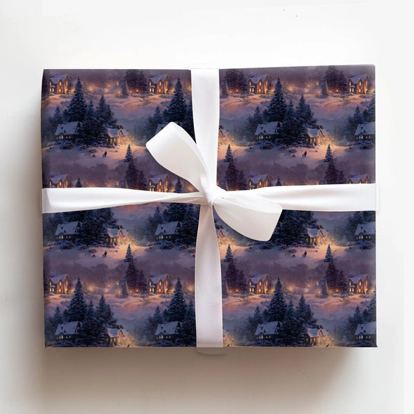 Snowy Cabin Night Scene Gift Wrap, Winter Village Wrapping Paper, Christmas Present Paper, Holiday Gift Wrap Roll, Winter Won