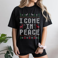 Humorous Ugly Christmas Sweater T-Shirt, I Come in Peace Shirt, Alien Xmas Graphic Tee, Holiday Party T-Shirt, Christmas Present for Men Women