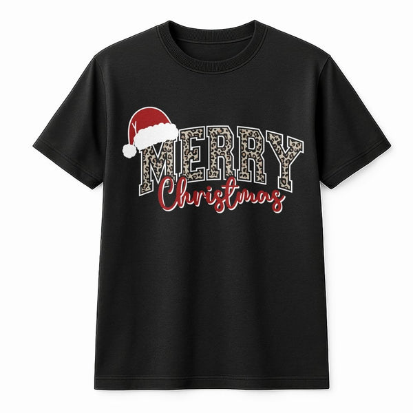 Santa Hat Plaid Holiday Graphic Tee, Merry Christmas Leopard Print T-Shirt, Festive Xmas Graphic T-Shirt, Adorable Womens Hol