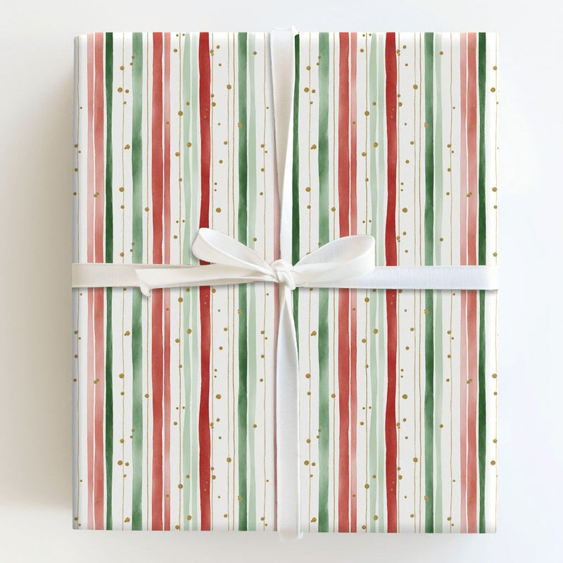 Red Green Gold Dot Gift Wrap, Watercolor Stripe Christmas Wrapping Paper, Elegant Holiday Wrapping Paper, Festive Winter Gift Wrap Roll
