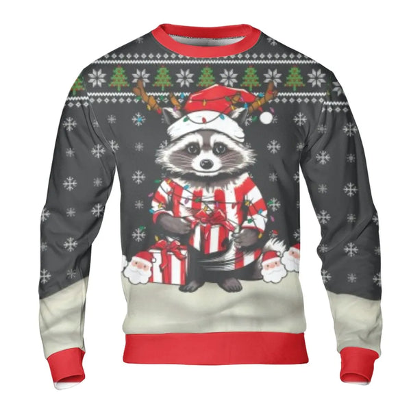 Festive Reindeer Antlers Sweater, Christmas Raccoon Sweatshirt, Humorous Trash Panda Xmas Lights Crewneck, Holiday Animal Pul