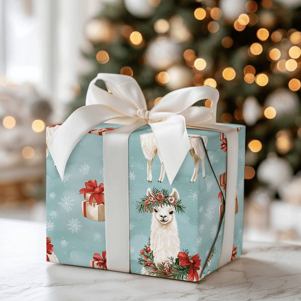 Festive Holiday Llama Gift Wrap, Christmas Llama Wrapping Paper, Adorable Animal Wreath Llama Wrapping Paper, Winter Snowflak