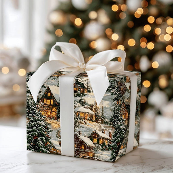 Winter Cottage Gift Wrap, Snowy Village Christmas Wrapping Paper, Comfy Evergreen Dusk Wrapping Paper, Holiday Present Wrappi
