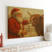 Vintage Farmhouse Christmas Canvas Print, Santa Claus with Highland Cow Canvas Art, Rustic Holiday Cattle Wall Decor, Xmas Home Decor Present