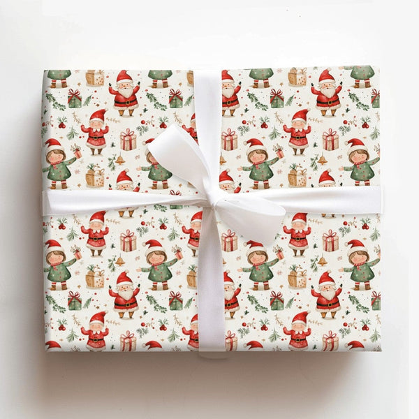 Adorable Holiday Elves Gift Wrap, Whimsical Santa and Elf Wrapping Paper, Watercolor Christmas Wrapping Paper, Kids Festive P