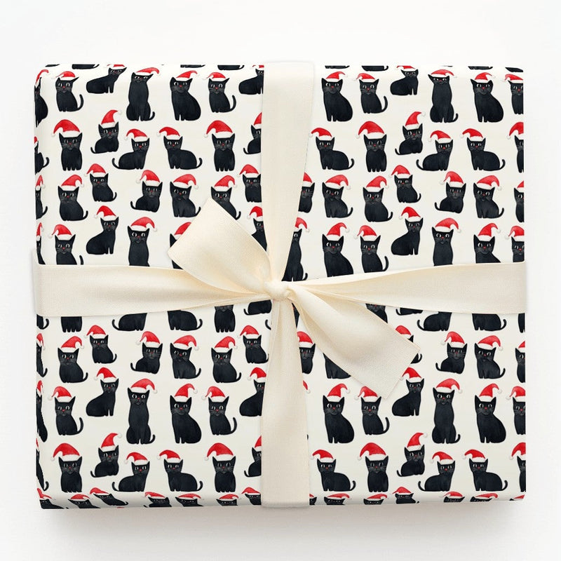 Festive Santa Hat Kitten Gift Wrap, Black Cat Christmas Wrapping Paper, Adorable Holiday Kitty Pattern Wrapping Paper, Cat Lover Gift Wrap Roll