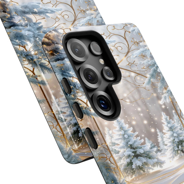 Snowy Forest Phone Case, Winter Wonderland iPhone Case, Gold Swirl Magical Dual Layer Tough Cover, Christmas Holiday Present 