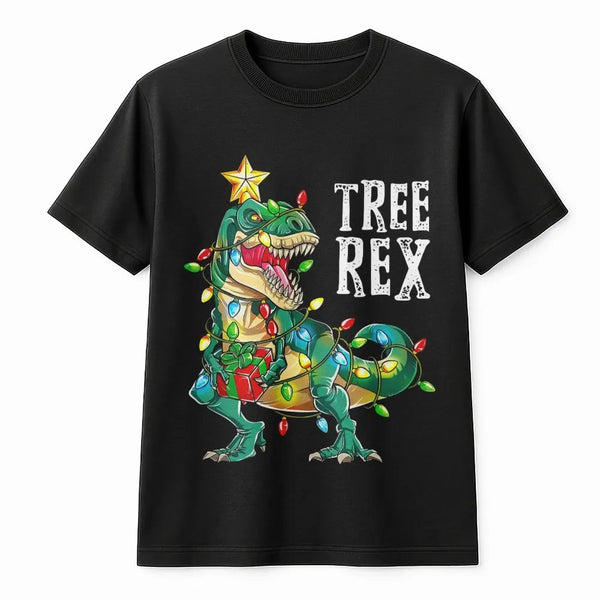 Humorous Dinosaur Holiday Graphic Tee, Tree Rex Christmas T-Shirt, Adorable Trex Xmas Tree Shirt, Retro Dino Winter Holiday T