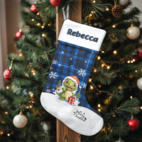 Blue Plaid Dino Holiday Stocking, Personalized Dinosaur Christmas Stocking, Custom Name Kids Stocking, Boy Family Christmas Stocking