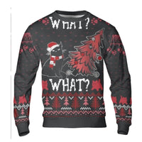Humorous What What Knife Cat Sweatshirt, Black Cat Christmas Sweater, Ugly Holiday Crewneck Pullover, Sarcastic Xmas Party Shirt