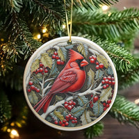Winter Holly Branch Bird Ornament, Red Cardinal Ceramic Ornament, Nature Christmas Tree Decor, Holiday Keepsake Present for Bird Lovers