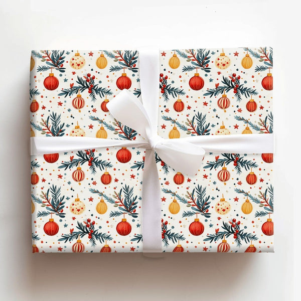 Pine Bough Christmas Gift Wrap, Watercolor Ornaments Wrapping Paper, Festive Holiday Wrapping Paper, Traditional Xmas Present