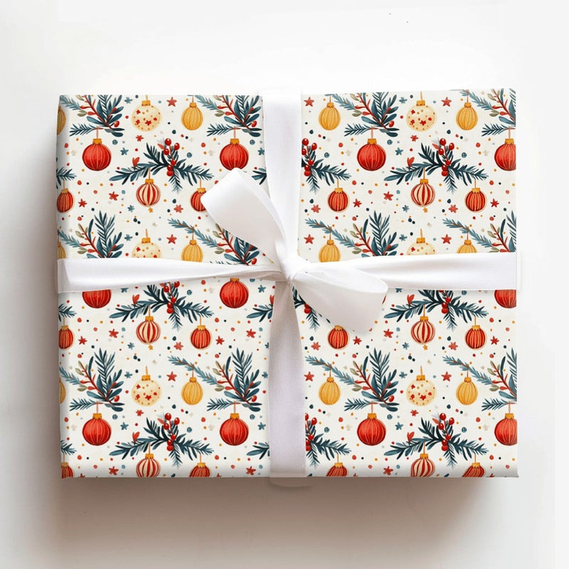Pine Bough Christmas Gift Wrap, Watercolor Ornaments Wrapping Paper, Festive Holiday Wrapping Paper, Traditional Xmas Present Paper Roll