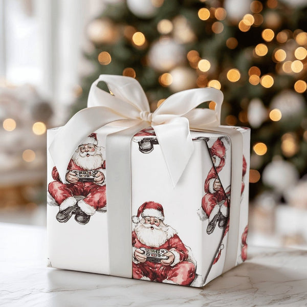 Watercolor Gamer Santa Gift Wrap, Gaming Santa Wrapping Paper, Video Game Christmas Wrapping Paper, Holiday Gamer Gift Wrap R