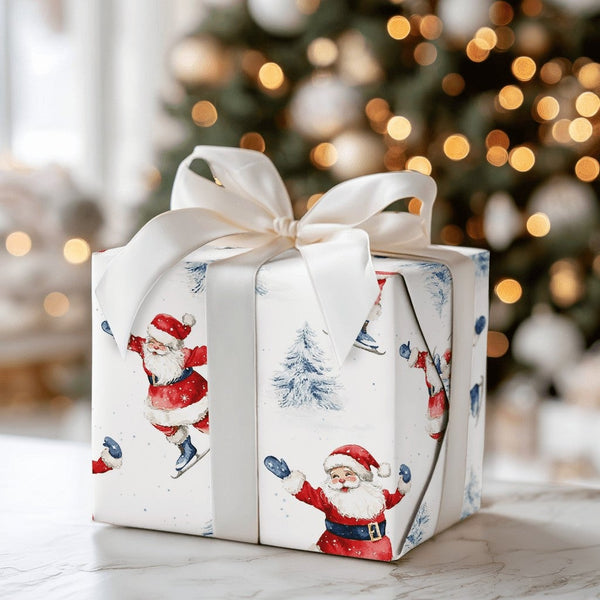 Christmas Winter Gift Wrap, Ice Skating Santa Wrapping Paper, Watercolor Holiday Present Wrapping Paper, Adorable Santa Claus