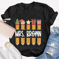 Custom Name Holiday Graphic Tee, Personalized Christmas Pencil Shirt, Adorable Teacher Christmas T-Shirt, Back to School Xmas Season Present