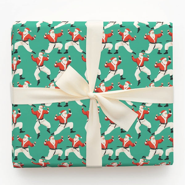 Teal Martial Arts Christmas Gift Wrap, Karate Santa Wrapping Paper, Black Belt Santa Wrapping Paper, Humorous Holiday Karate 