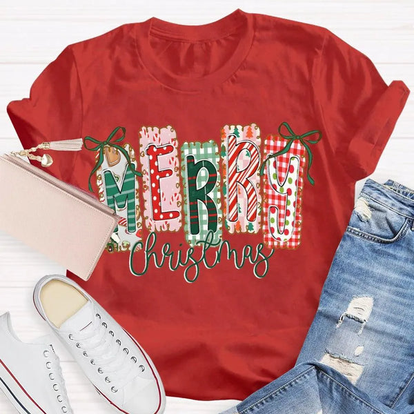 Retro Festive Holiday T-Shirt, Merry Christmas Colorful Square Font Shirt, Merry Xmas Graphic Tee, Holiday Season Family Part