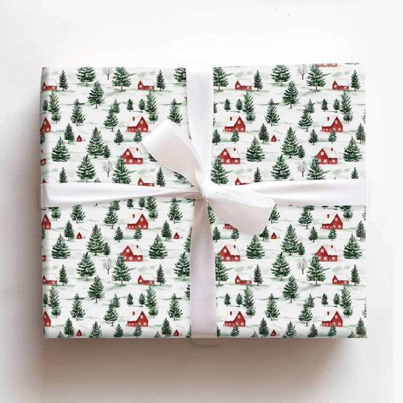 Pine Tree Christmas Gift Wrap, Watercolor Snowy Village Wrapping Paper, Winter Village Holiday Wrapping Paper, Rustic Xmas Gift Wrap Roll