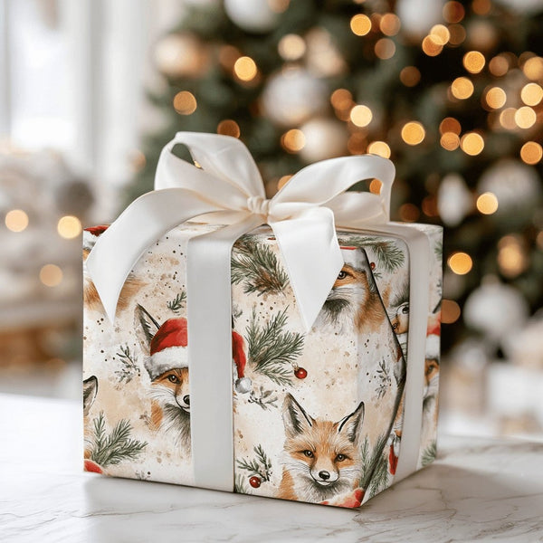 Watercolor Woodland Fox Gift Wrap, Christmas Fox Wrapping Paper, Santa Hat Fox Wrapping Paper, Rustic Winter Animal Holiday P