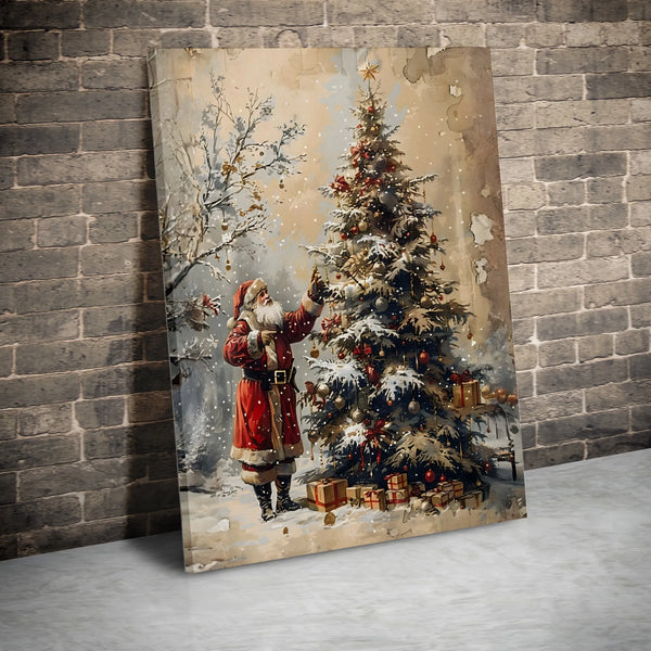Snowy Christmas Tree Canvas Print, Vintage Santa Claus Canvas Wall Art, Nostalgic Holiday Santa Canvas Decor, Rustic Winter W