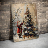 Snowy Christmas Tree Canvas Print, Vintage Santa Claus Canvas Wall Art, Nostalgic Holiday Santa Canvas Decor, Rustic Winter Wall Art Present