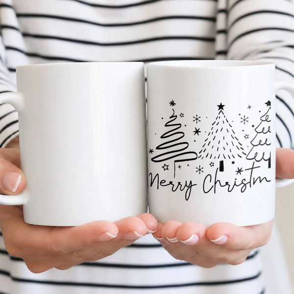 Hand Lettered Snowflakes Holiday Coffee Mug, Merry Christmas Tree Mug, Winter Festive Ceramic Cup, Xmas Present for Coffee Lo